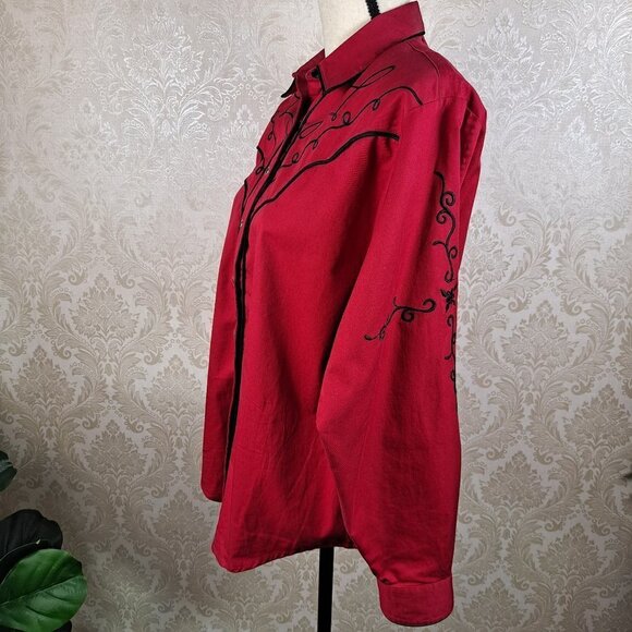 Vintage Panhandle Slim Size Medium Red Western Shirt Black Embroidery Snap Front - Picture 6 of 14